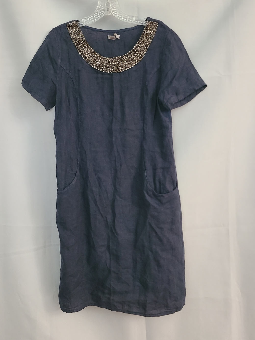 Lina Tomei S Navy Beaded Bib Neckline Linen Pockets Casual Pullover Shift Dress